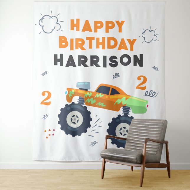 Happy Birthday Modern Monster Car Trucks Name  Tapestry (In Situ)