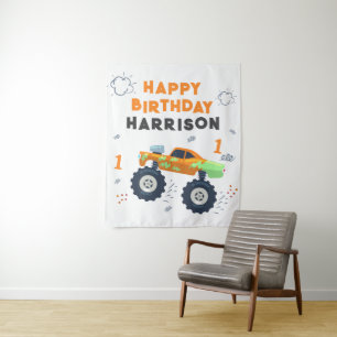 Happy Birthday Modern Monster Car Trucks Name  Tapestry