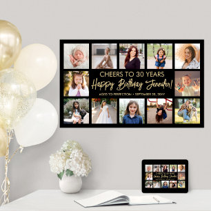 Happy Birthday Modern Photo Collage Black and Gold Poster