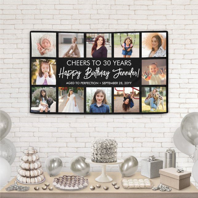 Happy Birthday Modern Photo Collage Black & White Banner (Creator Uploaded)