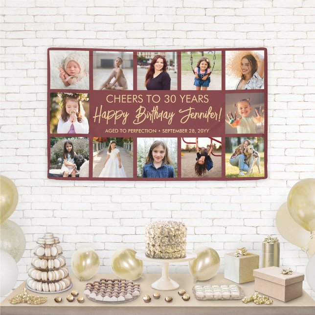 Happy Birthday Modern Photo Collage Burgundy Gold Banner (Creator Uploaded)