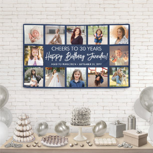 Happy Birthday Modern Photo Collage Navy and White Banner