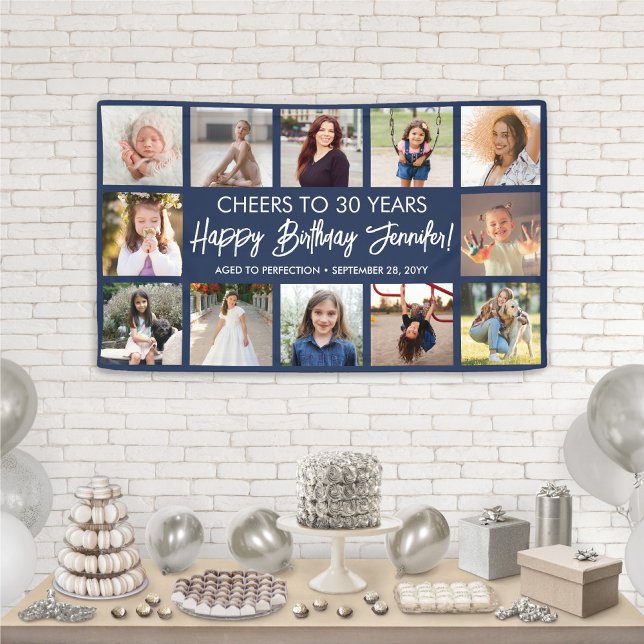 Happy Birthday Modern Photo Collage Navy and White Banner (Creator Uploaded)