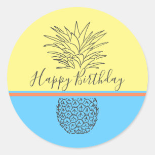 Happy Birthday Modern Pineapple Classic Round Sticker