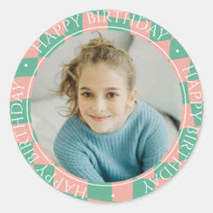 Happy Birthday Modern Retro Colorful Photo Pink Classic Round Sticker