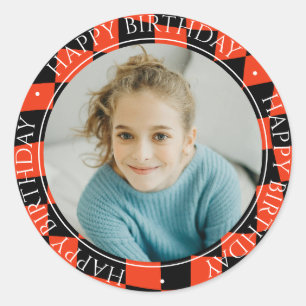 Happy Birthday Modern Retro Colorful Photo Red Classic Round Sticker
