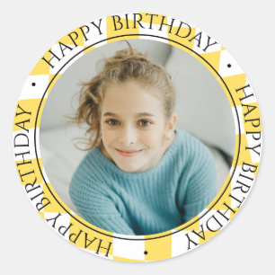 Happy Birthday Modern Retro Colorful Photo Yellow Classic Round Sticker