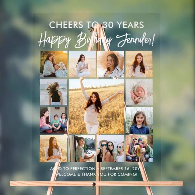 Happy Birthday Modern Script Photo Collage Party Acrylic Sign (Neutral)