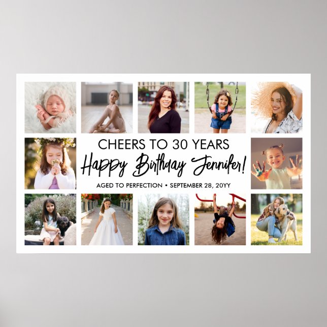Happy Birthday Modern Script Photo Collage Party Poster (Front)
