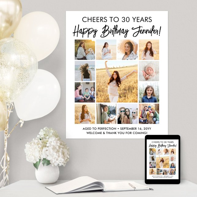 Happy Birthday Modern Script Photo Collage Party Poster (Creator Uploaded)