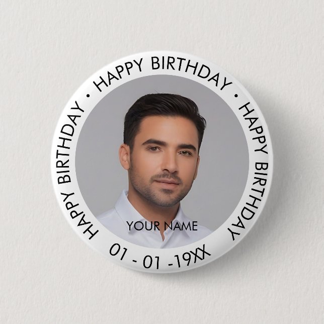 Happy Birthday Modern Simple Custom Photo  6 Cm Round Badge (Front)