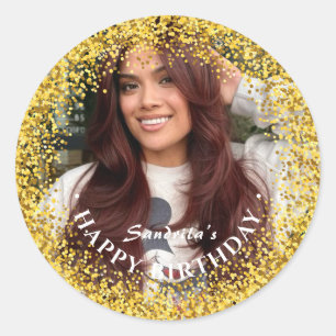 Happy Birthday Modern Simple Custom Photo Classic Round Sticker