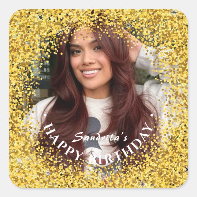 Happy Birthday Modern Simple Custom Photo Square Sticker (Front)