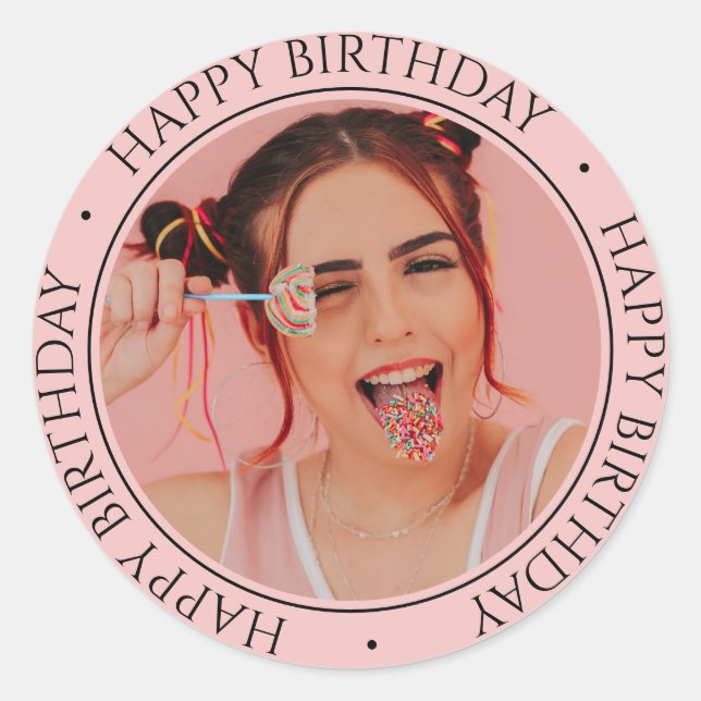 Happy Birthday Modern Simple Elegant Custom Photo  Classic Round Sticker (Front)