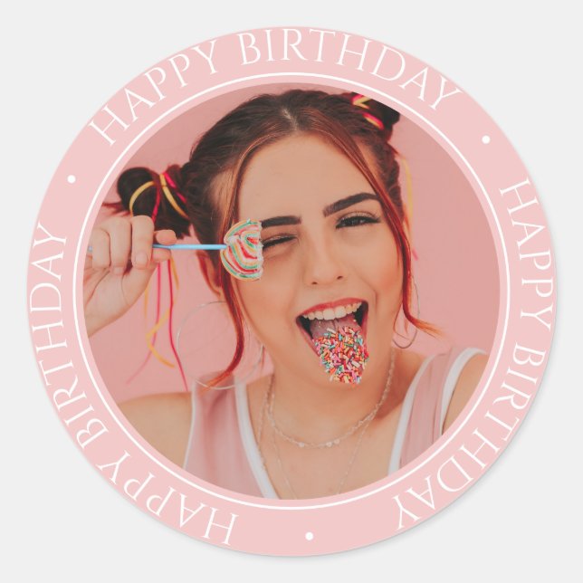 Happy Birthday Modern Simple Elegant Custom Photo  Classic Round Sticker (Front)