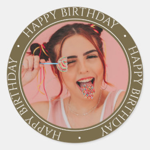 Happy Birthday Modern Simple Elegant Custom Photo  Classic Round Sticker