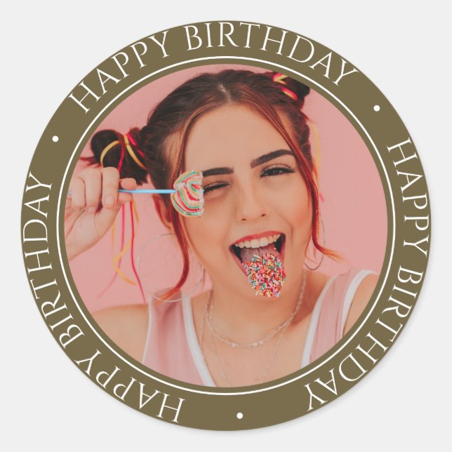 Happy Birthday Modern Simple Elegant Custom Photo  Classic Round Sticker (Front)