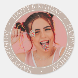 Happy Birthday Modern Simple Elegant Custom Photo  Classic Round Sticker