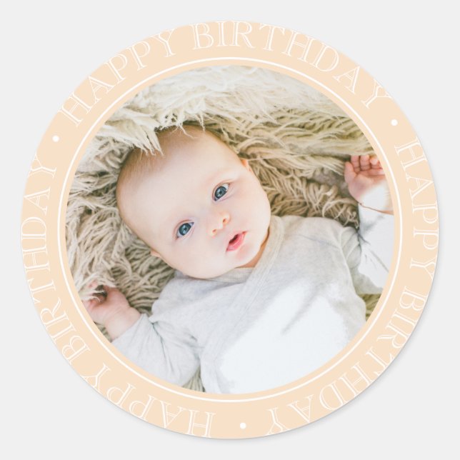 Happy Birthday Modern Simple Elegant Custom Photo  Classic Round Sticker (Front)