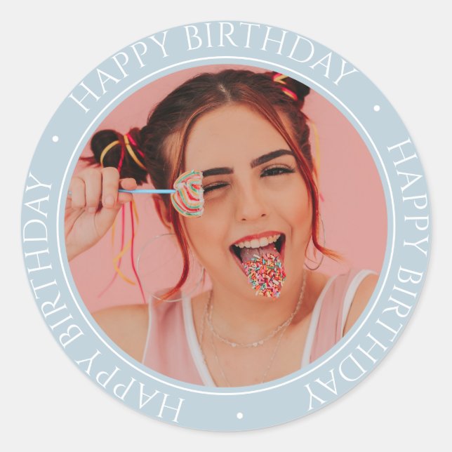 Happy Birthday Modern Simple Elegant Custom Photo  Classic Round Sticker (Front)