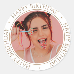Happy Birthday Modern Simple Elegant Custom Photo  Classic Round Sticker