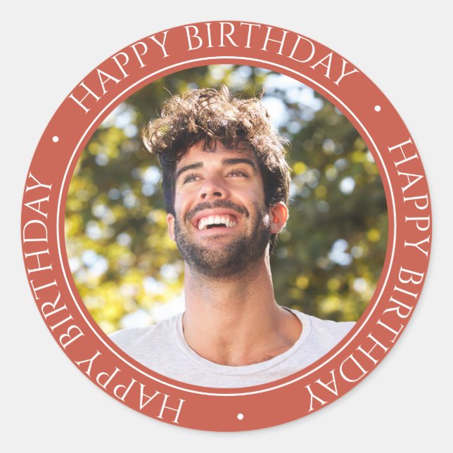 Happy Birthday Modern Simple Elegant Photo Brown Classic Round Sticker (Front)