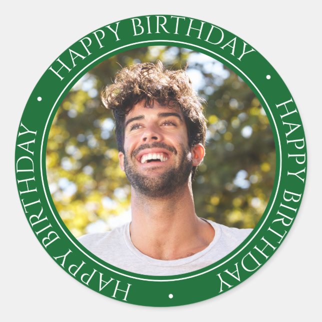 Happy Birthday Modern Simple Elegant Photo Green Classic Round Sticker (Front)