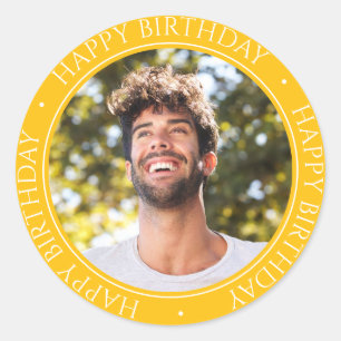 Happy Birthday Modern Simple Elegant Photo Yellow Classic Round Sticker