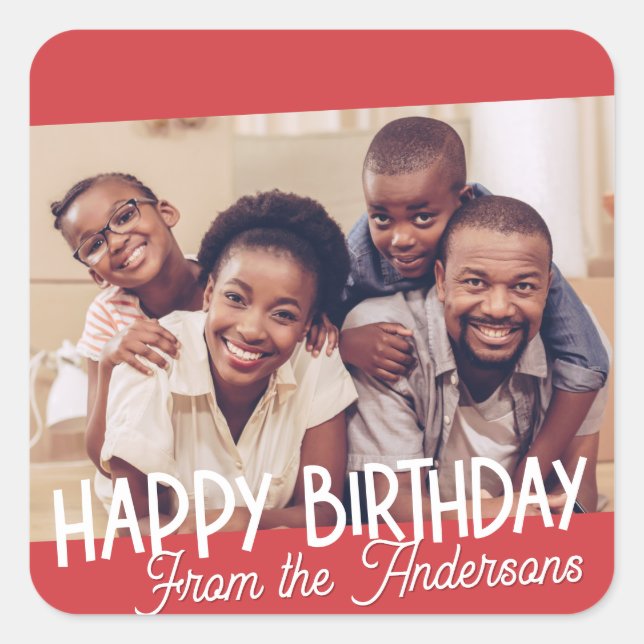Happy Birthday Modern Simple Family Photo Square Sticker (Front)