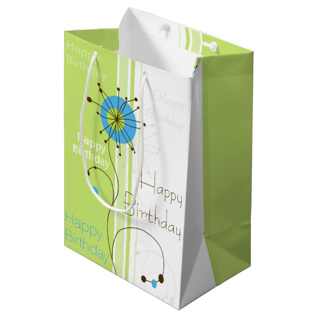 Happy Birthday Modern Simple Flower Green Medium Gift Bag (Front Angled)
