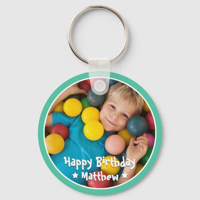 Happy Birthday Modern Simple Star Photo Key Ring (Front)