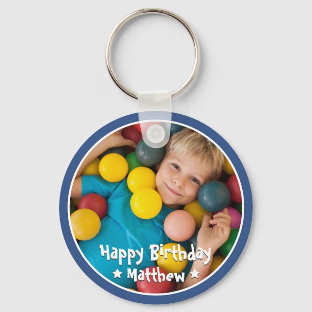 Happy Birthday Modern Simple Star Photo Key Ring (Front)
