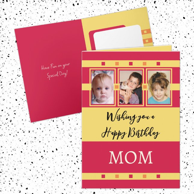 Happy Birthday Mom add 3 photos red yellow Card (Creator Uploaded)
