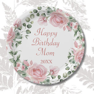 Happy Birthday Mom Pink Floral Party  Paper Plate