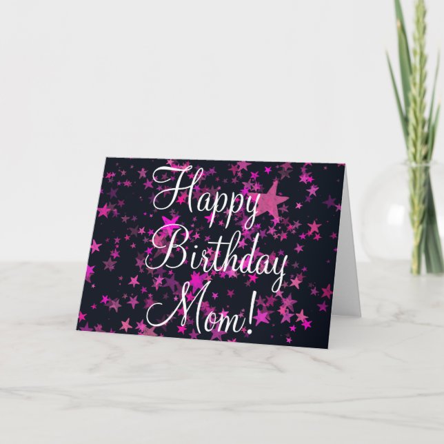 Happy Birthday Mom Quote Cute Pink Stars Design Holiday Card (Front)