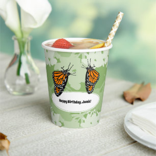 Happy Birthday Monarch Butterfly Green Paper Cups