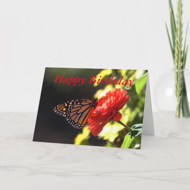 Happy Birthday Monarch Butterfly on Red Zinnia Card (Front)