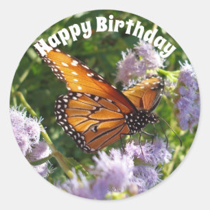 Happy Birthday Monarch Butterfly Photo Floral Classic Round Sticker