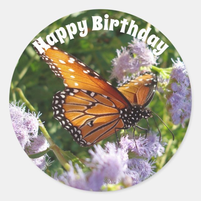Happy Birthday Monarch Butterfly Photo Floral Classic Round Sticker (Front)