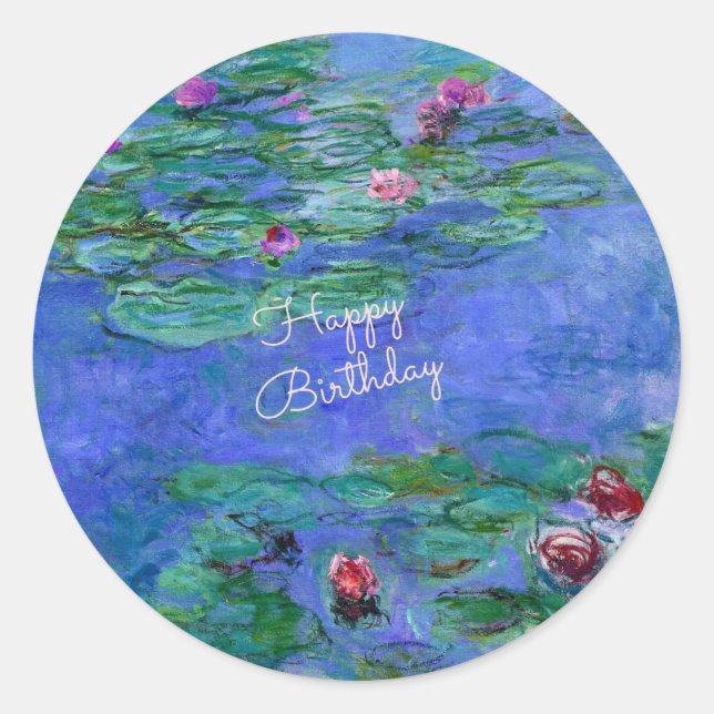 Happy Birthday: Monet's Water Lilies Classic Round Sticker (Front)