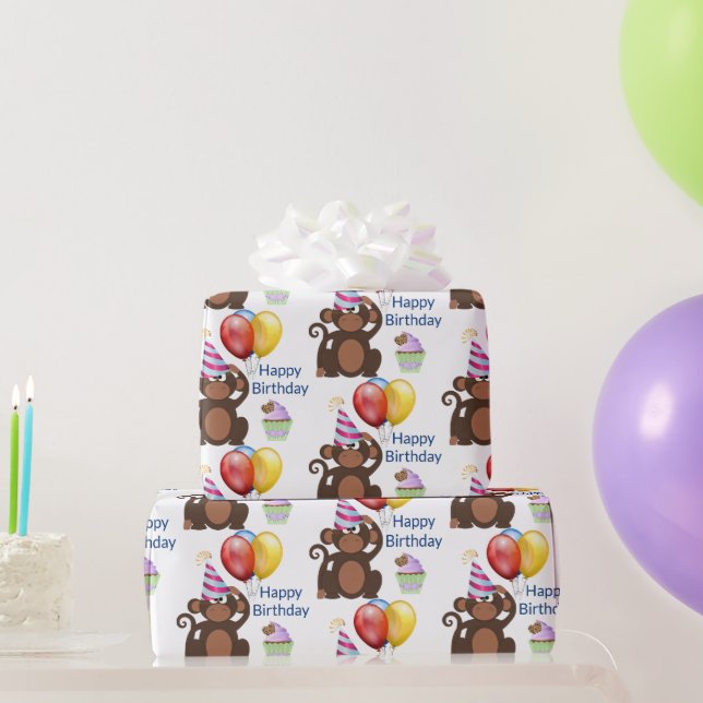 Happy Birthday Monkey and Balloons Party  Wrapping Paper (Party Gifts)