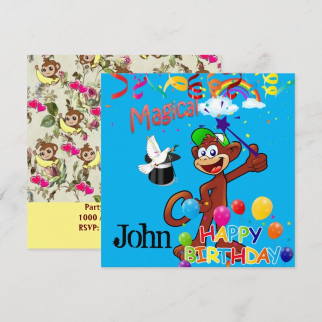 Happy Birthday Monkey Card Invitation Balloons (Front/Back)