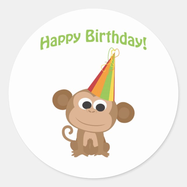 Happy Birthday Monkey Classic Round Sticker (Front)
