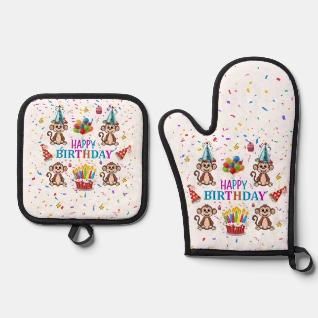 Happy Birthday Monkey Oven Mitt and Pot Holder Oven Mitt & Pot Holder Set (Front)