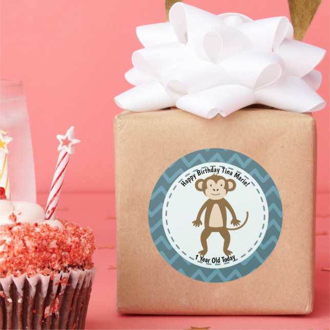 Happy Birthday Monkey Zoo Animals Classic Round Sticker (Party)