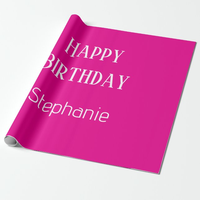 Happy Birthday Monogram Name Hot Pink White 2025 Wrapping Paper (Unrolled)