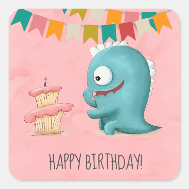 Happy Birthday Monster and Cake Square Sticker (Front)