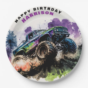 Happy Birthday Monster Truck Smash Crash Boy Paper Plate