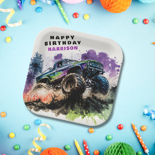 Happy Birthday Monster Truck Smash Crash Boy Paper Plate