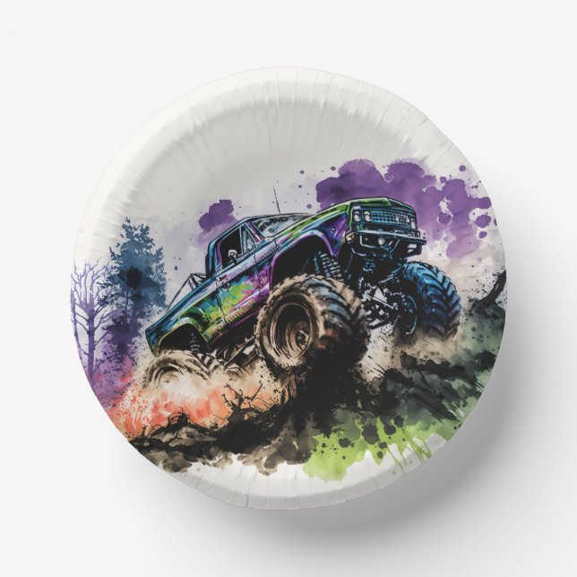 Happy Birthday Monster Truck Smash Crash Boy Paper Plate (Front)